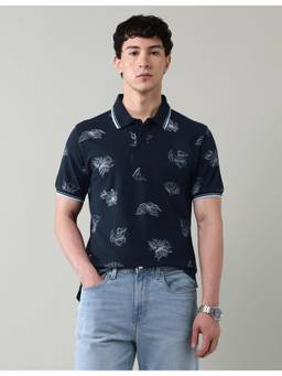 AD By Arvind - Navy Blue Floral Printed Slim Fit Polo Shirt