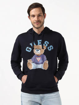 Guess - Men Blue Relaxed Fit Hooded Neck Teddy Logo Hoodie