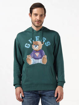 Guess - Men Green Relaxed Fit Hooded Neck Teddy Logo Hoodie
