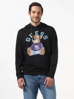 Guess - Men Black Relaxed Fit Hooded Neck Teddy Logo Hoodie