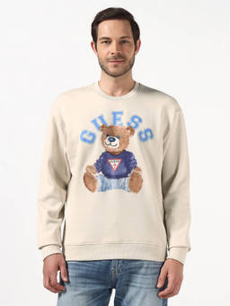 Guess - Men Cream Regular Fit Round Neck Teddy Logo Pullover Sweatshirt