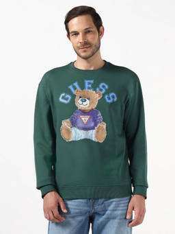 Guess - Men Green Regular Fit Round Neck Teddy Logo Pullover Sweatshirt
