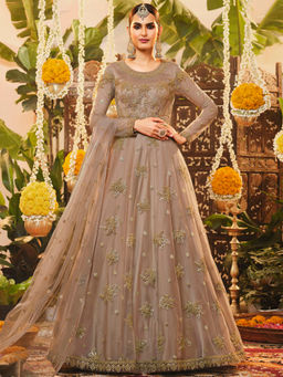 Stylee LIFESTYLE - Beige Net Sequined Semi Stitched Dress Material (Set of 3)