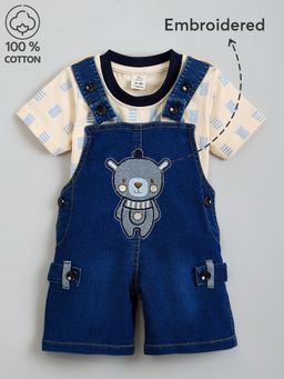 Hopscotch - Unisex Beige Teddy Denim Dungaree with T-Shirt