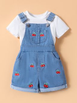 Hopscotch - Girls Blue Cherry Embroidered T-Shirt & Dungaree