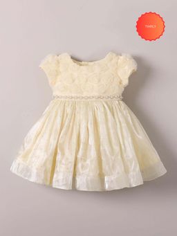 Hopscotch - Beige 3D Floral Applique Party Dress