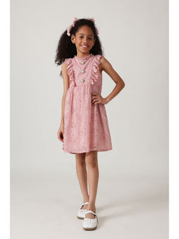 One Friday - Girls Pink Fitted and Flared Sleeveless Laced Dress