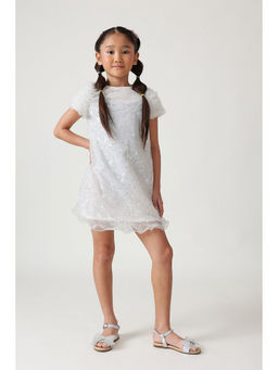 One Friday - Girls Off White A-Line Half Sleeves Solid Dress