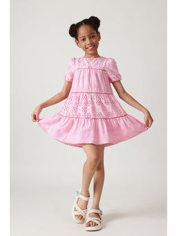 One Friday - Girls Pink A-Line Short Sleeve Solid Dress