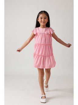 One Friday - Girls Pink Fitted and Flared Frill Sleeve Solid Dress