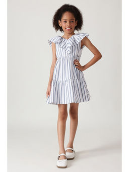 One Friday - Girls White Fitted and Flared Sleeveless Striped Dress