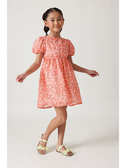 One Friday - Girls Peach Fit and Flare Puff Sleeve Printed Dress