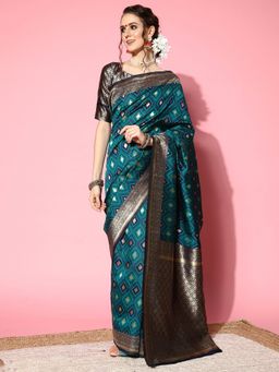 Akhilam - Womens Silk Blend Teal Woven Design Designer Saree with Unstitched Blouse