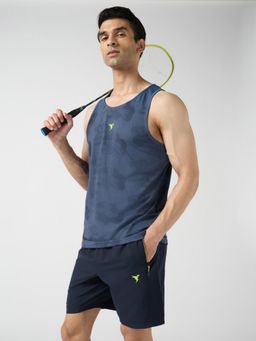 Technosport - Men Navy Blue Ventmesh Self Design Slim Fit Round Neck Sports Tank