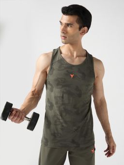 Technosport - Olive Slim Fit Printed Tank with Ventmesh