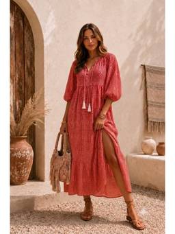 AAREIN - Geometric Pattern Cotton Maroon Midi Dress