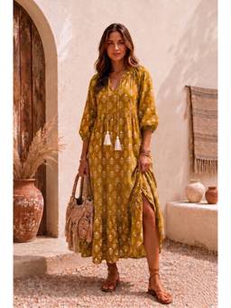 AAREIN - Mustard Tiered Midi Dress