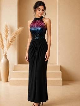 AAREIN - Black Embellished Halter Neck Maxi Dress