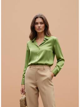 AM SWAN - Women's Premium Regular Fit Solid Satin Olive Shirt