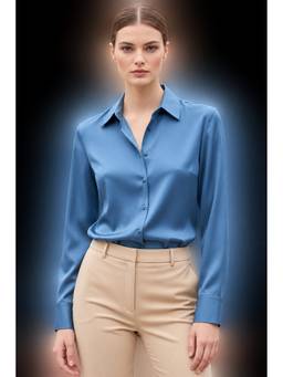 AM SWAN - Women's Premium Regular Fit Solid Satin Blue Shirt