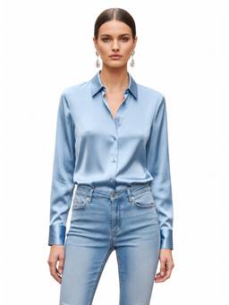 AM SWAN - Women's Premium Regular Fit Solid Satin Blue Shirt