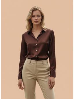 AM SWAN - Women's Premium Regular Fit Solid Satin Brown Shirt