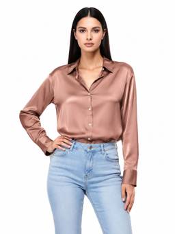 AM SWAN - Women's Premium Regular Fit Solid Satin Brown Shirt