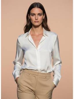 AM SWAN - Women's Premium Regular Fit Solid Satin Cream Shirt