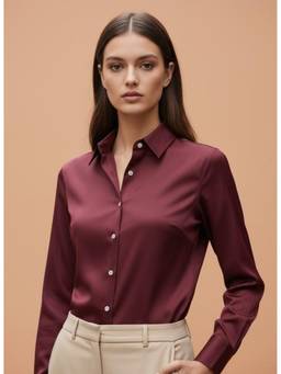 AM SWAN - Women's Premium Regular Fit Solid Satin Maroon Shirt