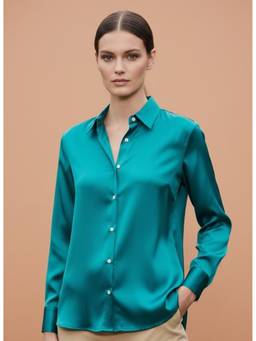 AM SWAN - Women's Premium Regular Fit Solid Satin Blue Shirt