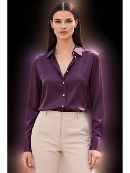 AM SWAN - Women's Premium Walnut Purple Regular Fit Solid Satin Shirt