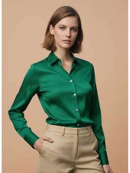 AM SWAN - Women's Premium Castleton Green Regular Fit Solid Satin Shirt