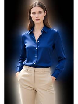 AM SWAN - Women's Premium Navy Blue Regular Fit Solid Satin Shirt