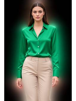 AM SWAN - Women's Premium Shamrock Green Regular Fit Solid Satin Shirt