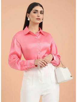 AM SWAN - Women's Premium Bubblegum Pink Regular Fit Solid Satin Shirt