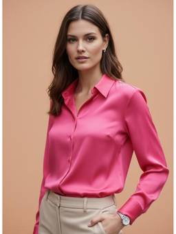 AM SWAN - Women's Premium Ballerina Pink Regular Fit Solid Satin Shirt
