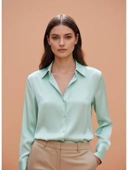 AM SWAN - Women's Premium Blue Regular Fit Solid Satin Shirt