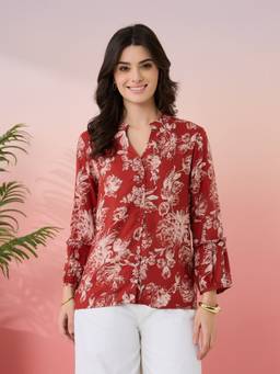 Latin Quarters - Women's Rust Printed Mandarin Neck 3/4th Sleeves Casual Tunic