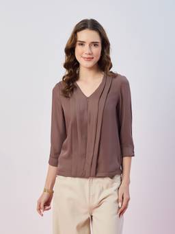 Latin Quarters - Women's Brown Solid 3/4th Sleeves V-Neck Casual Top