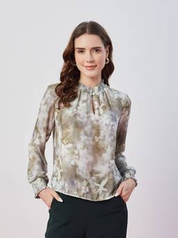 Latin Quarters - Women's Green Printed Full Sleeves High Neck Casual Top