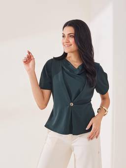 Latin Quarters - Women's Green Solid Half Sleeves Cowl Neck Casual Top