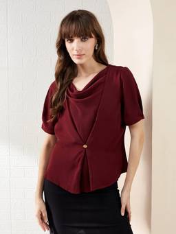 Latin Quarters - Women's Maroon Solid Half Sleeves Cowl Neck Casual Top