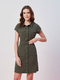 Latin Quarters - Women'S Green Solid Cap Sleeves Collar Neck Casual Shirt Mini Dress