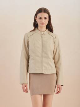 Latin Quarters - Women'S Beige Solid Full Sleeves Mandarin Neck Casual Biker Jacket