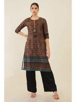 Soch - Women Brown Satin Printed Kurta With Tassels And Gota Patti