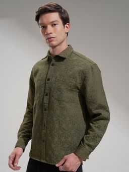 HIGHLANDER - Men Olive Textured Casual Shirt
