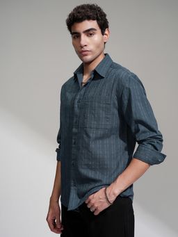 HIGHLANDER - Men Teal Stripes Casual Shirt