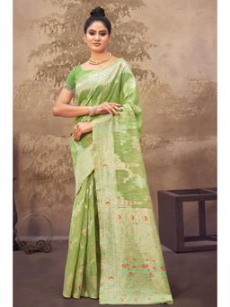 Sangam Prints - Light Green Cotton Silk Woven Zari Work Traditional Saree with Unstitched Blouse