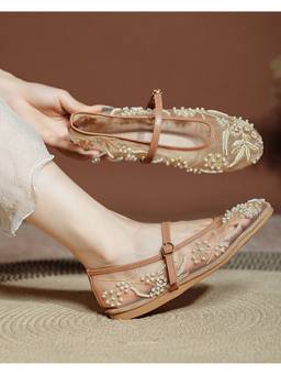 MISS MOSA BY AKANKSHA - Women Beige Fairy Embroidered Rhinestone Ballerina