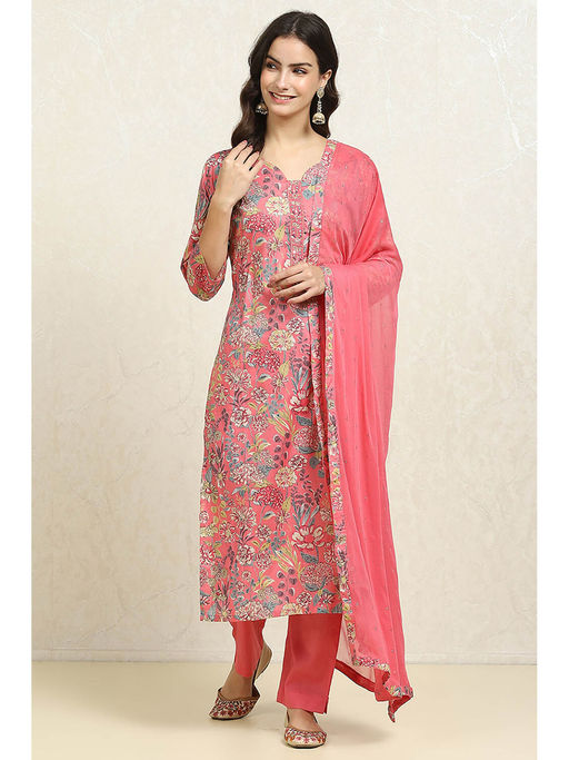 Buy Biba Women's Pink Pure Cotton Printed Unstitched Dress Material (Set of  3) Online